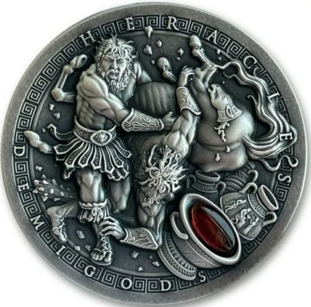 2021 $2 Niue Demigods HERACLES Antique 2 Oz Silver Coin WITH Red Garnet Insert.