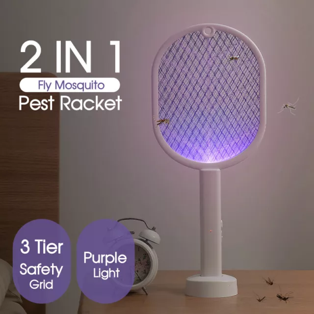 2 In 1 Electric USB Rechargable Racket Fly Swatter Mosquito Insect Killer Zapper