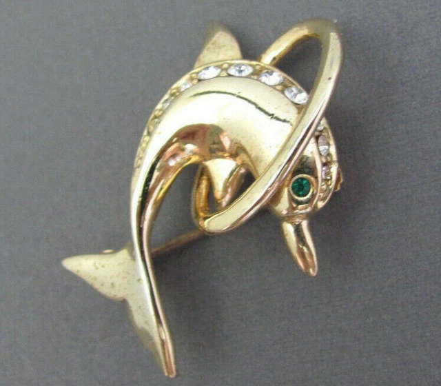 Vintage Dolphin Pin Rhinestone Gold Plated Brooch Ocean Fish Costume Jewelry