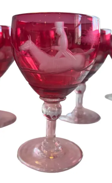 12 Antique Cranberry Ruby Red Etched Glass Wine Water Goblets Fox Hunt Scene
