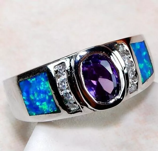 1 KT Amethyst & australischer Opal Inlay 925 massiver Sterlingsilber Ring Gr. 9 OR4