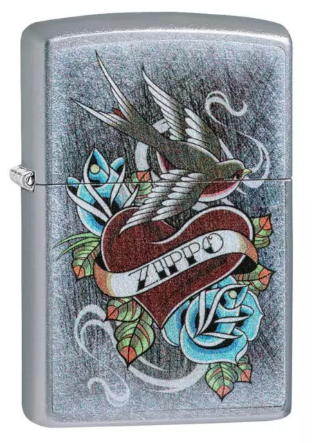 Zippo Windproof Lighter With Tattoo Style Heart & Zippo Logo, 29874, New In Box