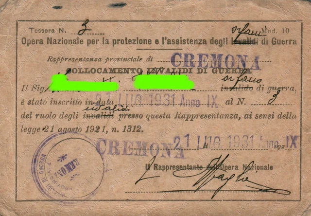 1931 Opera Nazionale assistenza invalidi orfani guerra Cremona Tessera