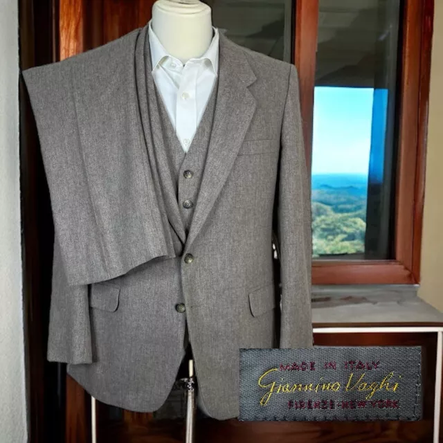 Giannino Vaghi 3 Piece Suit Mens 40S 32x27 Beige Tan Tweed Vintage