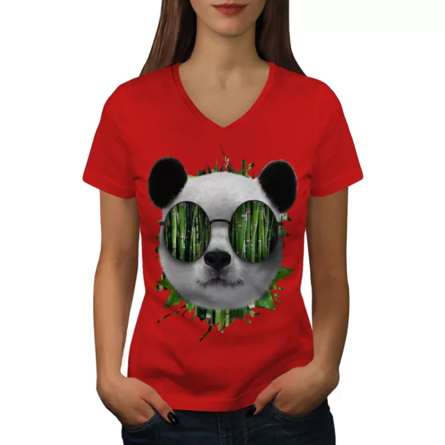 Wellcoda Cute Panda Bear Womens V-Neck T-shirt, Cool Graphic Design Tee