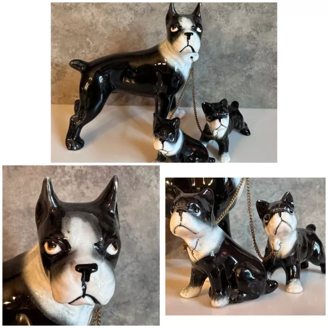 Vintage MCM Ceramic B & W Dog With Two PUPPIES On Chain Figurine Set