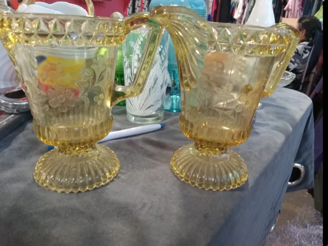 Eapg Adams Glass Co Wildflower Amber Creamer Pitcher antique kitchen 4" tall