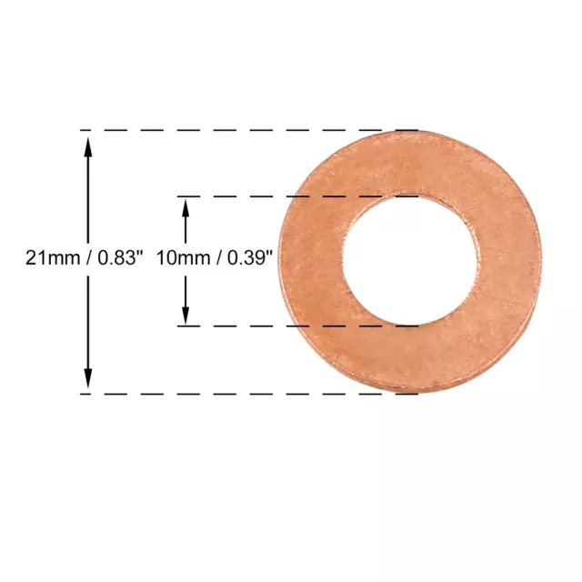 20pz Rondella Rame Tenuta Piatto Anello Guarnizione per Auto 10 X 21 X 1,5 mm 2