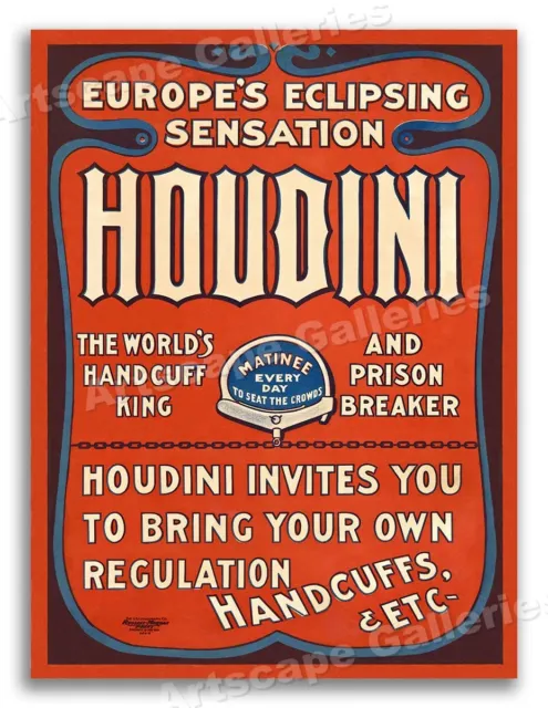 1900 Harry Houdini Vintage Style Magic Handcuff Escape Poster - 24x32