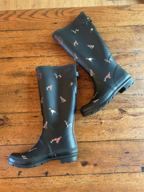 Joules Tall Printed Wellies Rubber Rain Boot in Navy /  Dog Pattern Sz 9