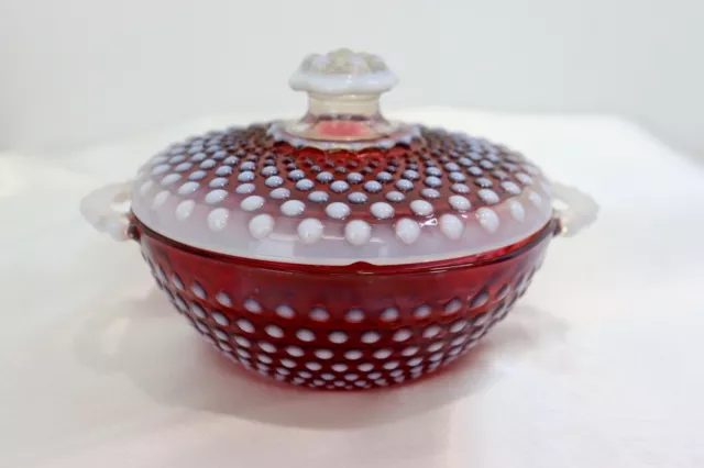 Vintage Fenton Cranberry Hobnail Covered Candy Bowl.    #161