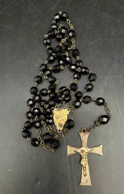 Antique Art Deco Brass Crucifix Jet Black Glass Faceted Bead Rosary