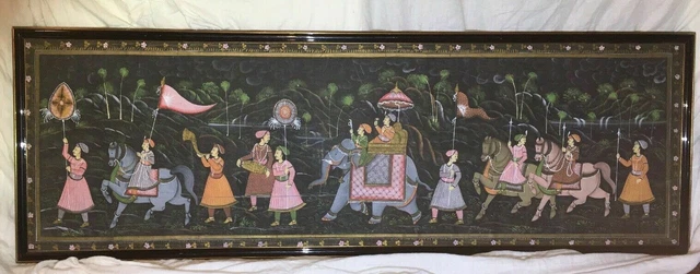 Hand Painted Silk Fine Art of a Mughal Hunt Scene Framed India 20th century Hand Painted Silk Fine Art of a Mughal Hunt Scene Framed India 20th century