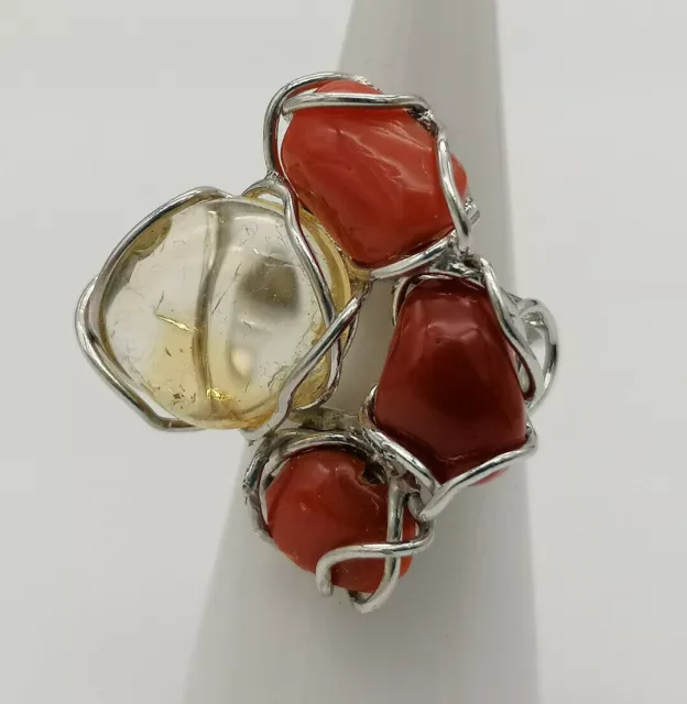 Bague pour Femme Argent Blanc Corail Rouge Quartz Citrine Bande Réglable