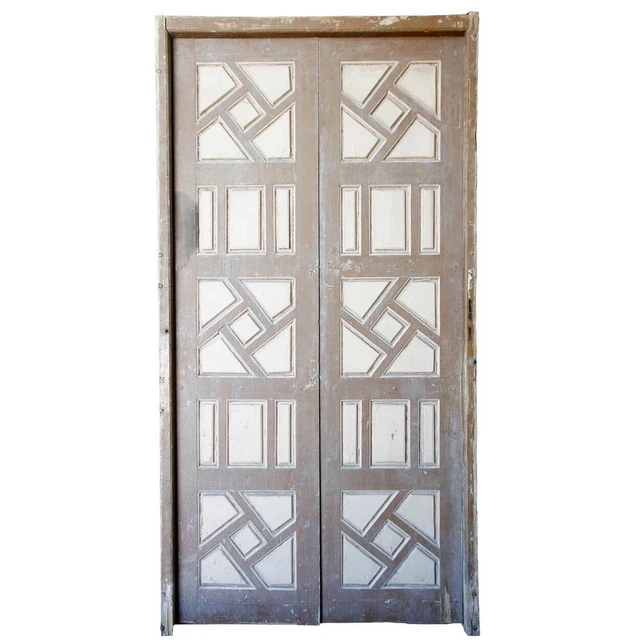 Large Antique Moorish Painted Pine Paneled Double Door 19th century