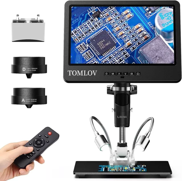 10" TOMLOV HDMI Digital Microscope Triple Lens Video Camera Coin magnifier bench