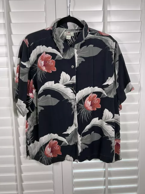 Tommy Bahama Women's 100% Silk Black Hawaiian Shirt With Red Flower Size Large