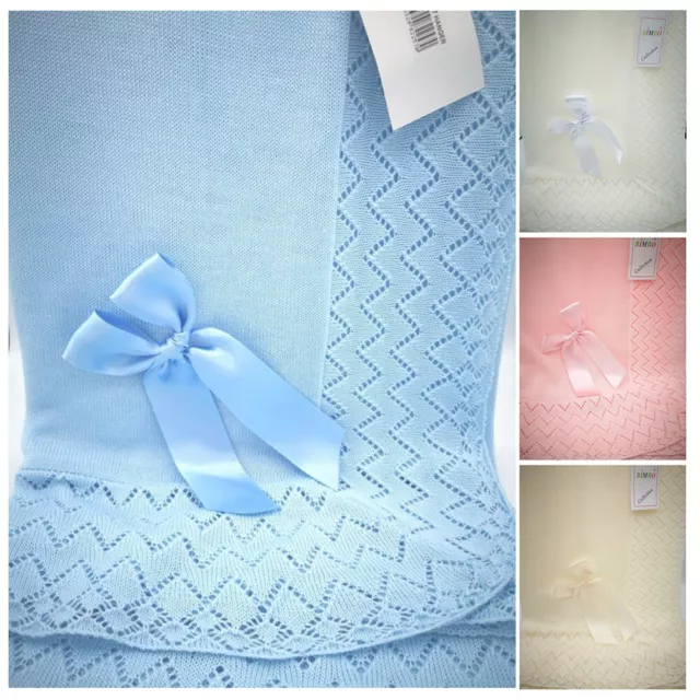 Spanish Knitted Baby Shawl Newborn Girl Boy White Christening Lacey Bow Blanket