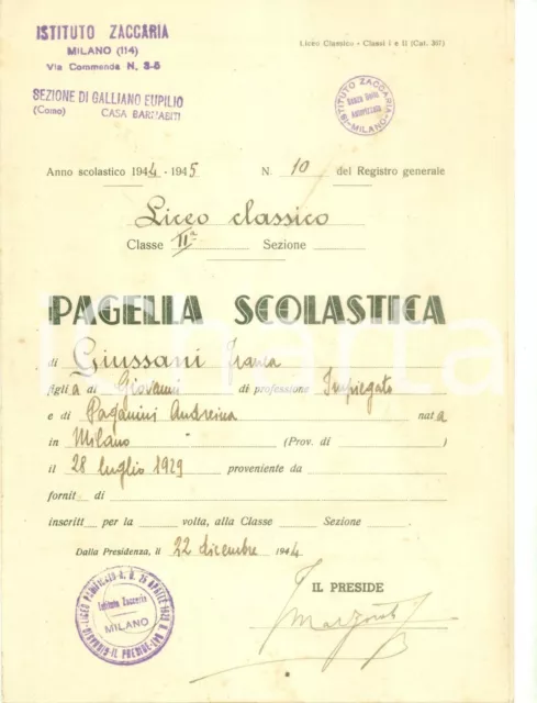 1944 EUPILIO RSI Pagella Franca GIUSSANI Istituto ZACCARIA di MILANO sfollato