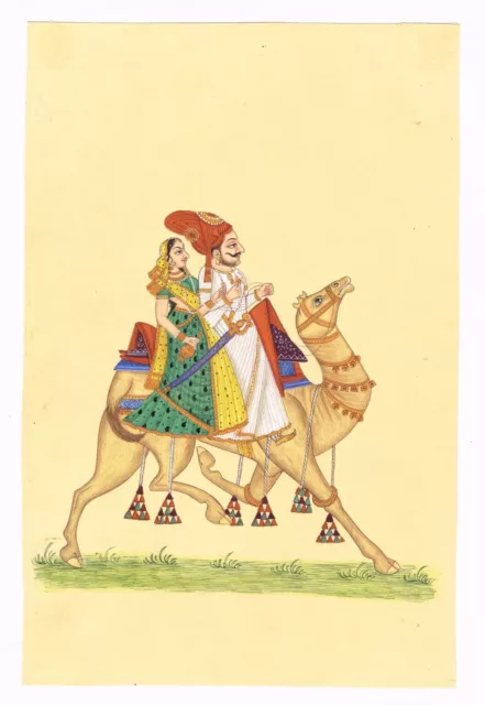 Rajasthani Painting Of King And Queen Riding On Camel Art On Paper 6x9.5 Inches