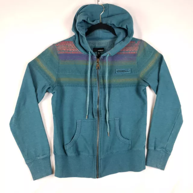 Oneill Full Zip Hoodie Jacket Womens Medium Teal Multi color Aztec Pattern