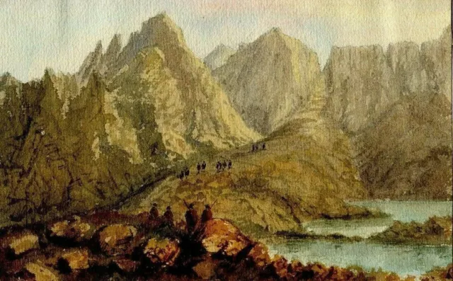 Dibujo antiguo firmado A. Collomb Paisaje de montaña Venasque Port Pyrénées