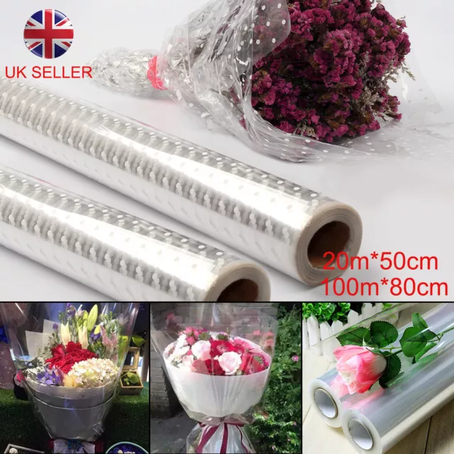 Plain Clear Florist Craft Cellophane Roll Film Dot Gift Wrap Hamper Two sizes