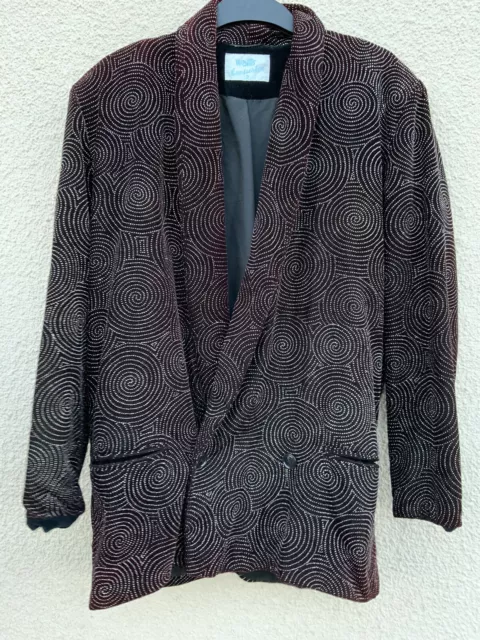 VINTAGE 80’s WALLIS BLACK VELVET SILVER METALLIC PRINT JACKET COAT M L DECO