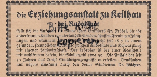 KEILHAU, Werbung 1920, Die Erziehungsanstalt zu Keilhau Dr. Wächter