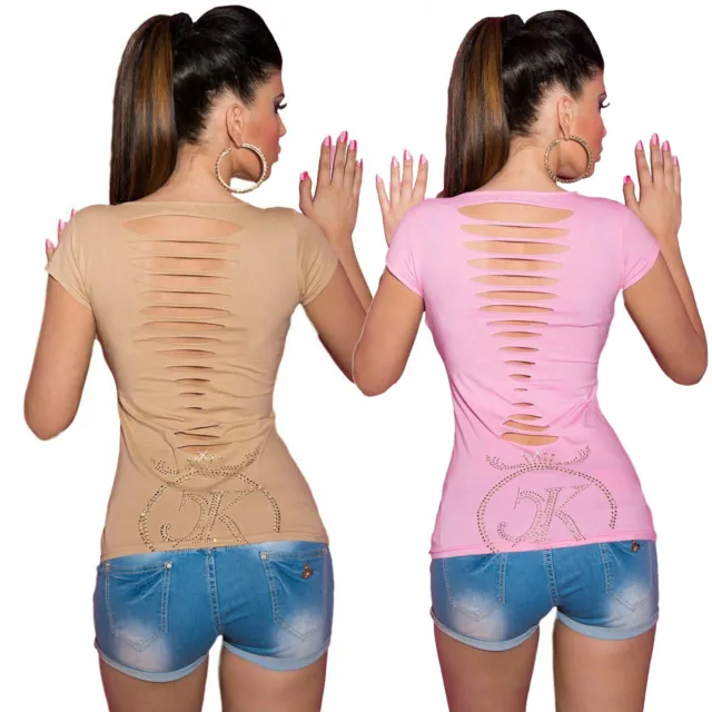 T-shirt maglietta donna manica corta tagli vivi schiena logo strass borchie nuov