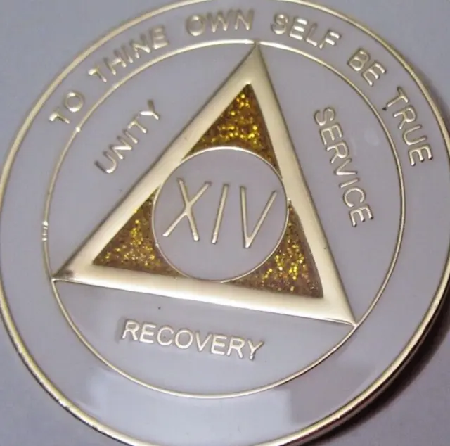 Moneda Alcohólicos Anónimos 14 Años AA Medallón de Oro Blanco Brillo Ficha Chip