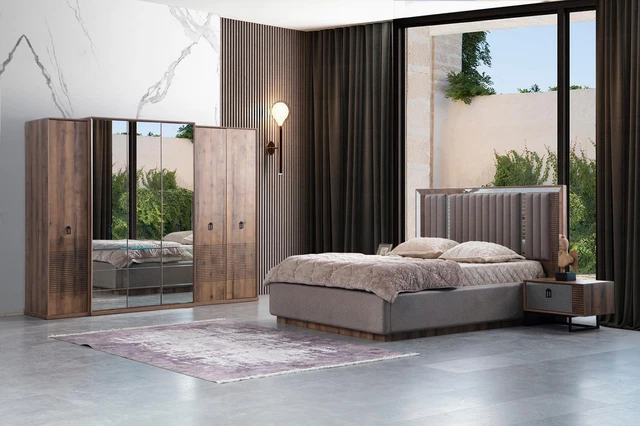 Luxe Chambre à Coucher Set Lit 2x Table de Chevet Penderie Meuble 4tlg