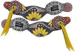Showman Ladies Yellow & Black Sunflower Overlay Leather Spur Straps