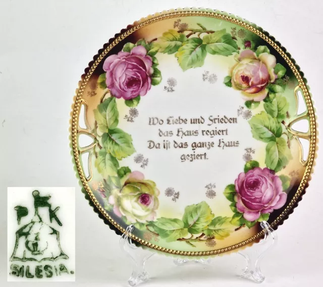 Dekorativer Porzellan Wandteller mit Spruch Rosen um 1910 - 1920 Schlesien  R70