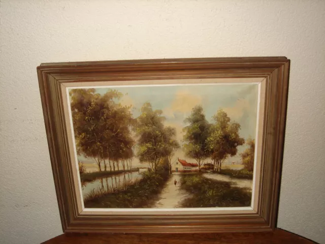 Old oil painting, { Landscape with a farm near the river, is signed } Antique!