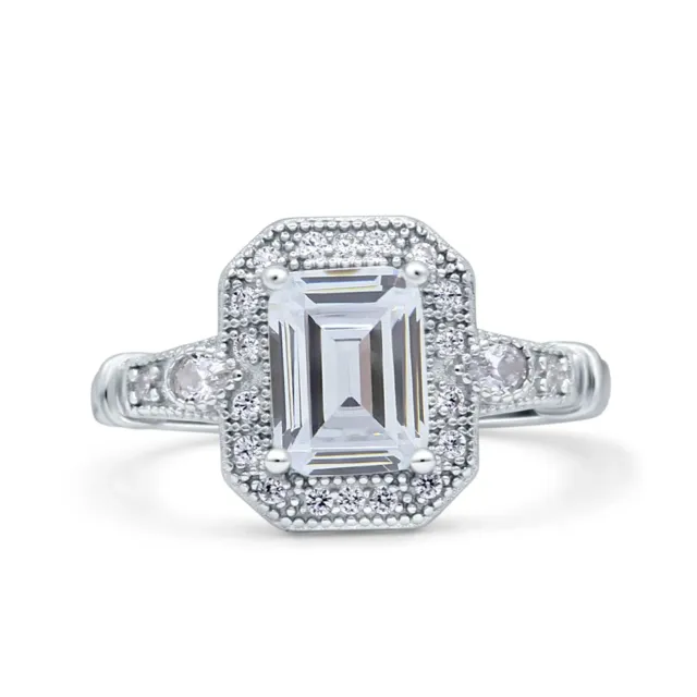 Art Deco Emerald Cut Wedding Engagement Ring CZ 925 Sterling Silver