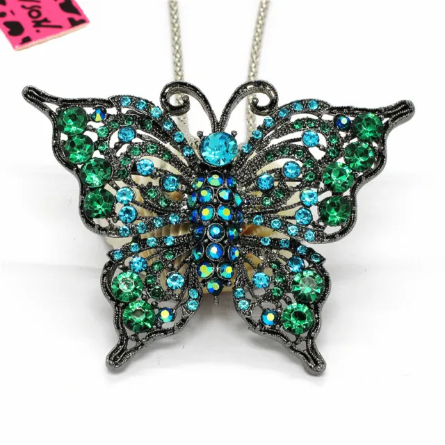 Hot Blue AB Rhinestone Bling Butterfly Pendant Fashion Women Chain Necklace Gift