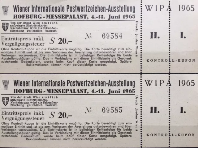 WIPA 1965 / 2 Eintrittskarten / Wiener Postwertzeichen Ausstellung Hofburg