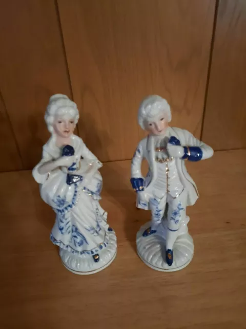 Pair of Vintage KPM porcelain Victorian figurines blue & white with gold trim-GU