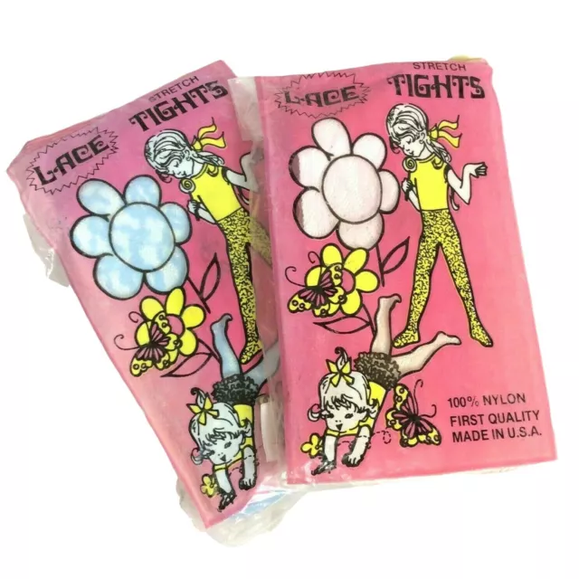 Girls Lace Tights 2 Pair Size 7-10 Blue Pink Nylon Vtg 60s Made In USA