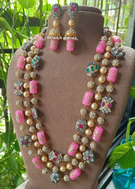 Indian Bollywood Style Bridal Kundan Jewelry Set Long Pink Beads Mala Necklace