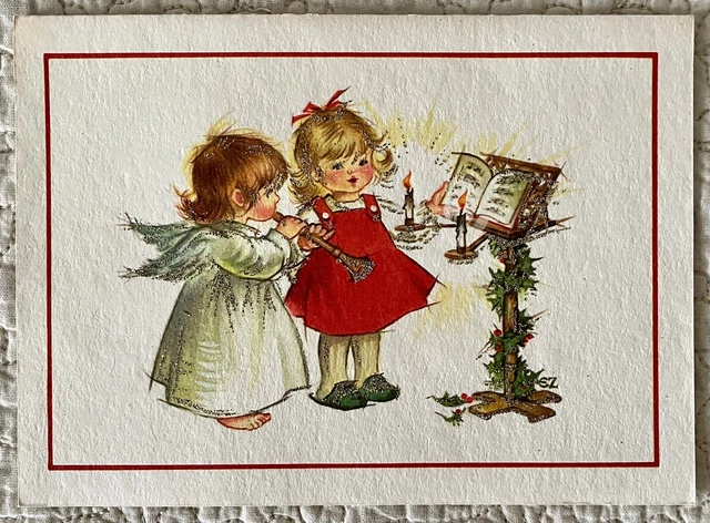 Unused Christmas Girl Angel Music Candle Vintage Retro Greeting Card 1960s 1970s