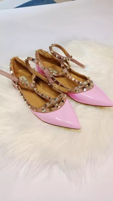 Valentino Rockstud 38 pink Leather Ballerina Flat Shoes gold Pyramid read!