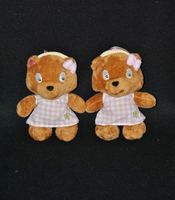 Lot 2 peluche doudou ours Mlle Mirou LANSAY Oui Oui brun robe rose 14 cm NEUF