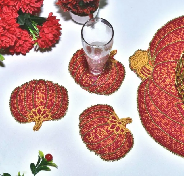 ZARIMOON set of 6 Orange pumpkin beaded coasters Halloween coaster round coaster