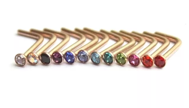 1, 5, 10pcs ROSE GOLD Nose Stud Gem L Shaped Bent Piercing Bar Ring Crystal Bulk