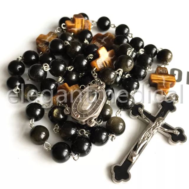XL 10MM GOLD Black Obsidian BEADS catholic ROSARY crucifix CROSS NECKLACE GIFTS