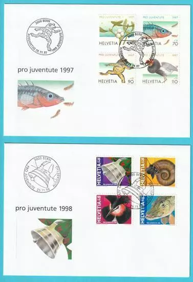 Schweiz aus 1995-1998 FDC Sonderstempel MiNr. 1567-1570, 1597-1600 Pro Juventute