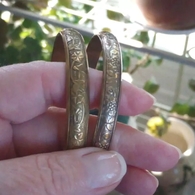 Two Brass Floral Embossed Bangle Bracelets 3