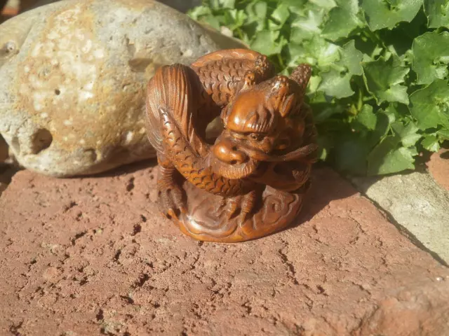 1a.. Hand Carved wood netsuke Dragon curled upright collectable boxwood figure